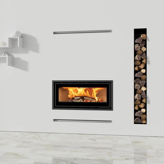 Castworks ADF Linea 100 wood insert fireplace showing a sleek black design with glass front and metal frame.