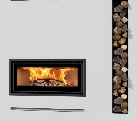 Castworks ADF Linea 100 wood insert fireplace with sleek design, shown installed in a modern living room setting.