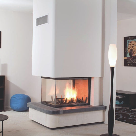 Axis EPI950 three-sided wood fireplace firebox with lift and swing doors, showcasing modern design and sturdy construction.