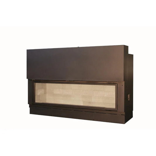 Axis H1600 XXL single-sided panoramic wood fireplace with lift and swing door, showcasing the inbuilt firebox and modern design.