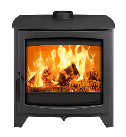 Hunter Stoves Parkray Aspect 14 Eco wood fireplace with black handle, standard legs, and front view showing the cutout and design.
