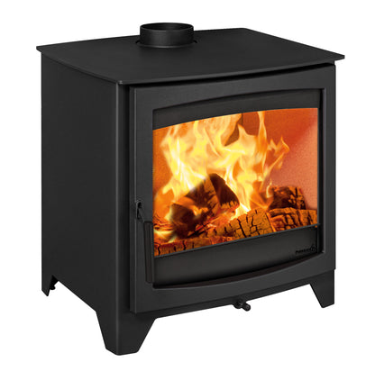 Hunter Stoves Parkray Aspect 14 Eco wood fireplace with black handle and standard legs, shown from a side cutout view.