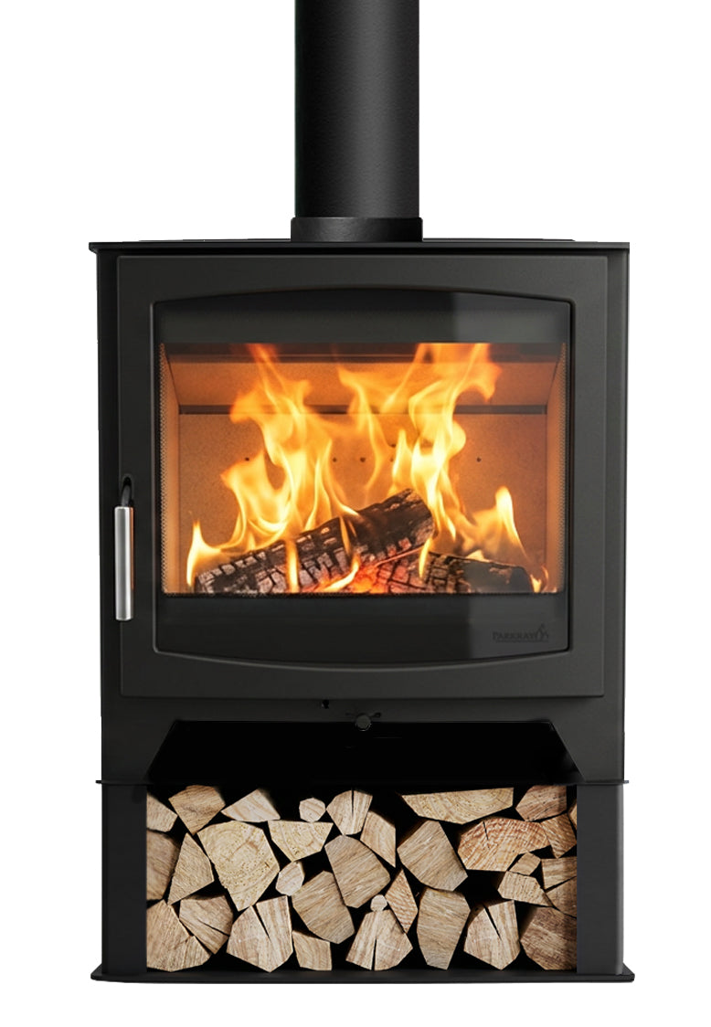 Hunter Stoves Parkray Aspect 14 Eco wood fireplace with black handle and standard legs, shown with log plinth in the image.