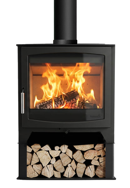 Hunter Stoves Parkray Aspect 14 Eco wood fireplace with black handle and standard legs, shown with log plinth in the image.