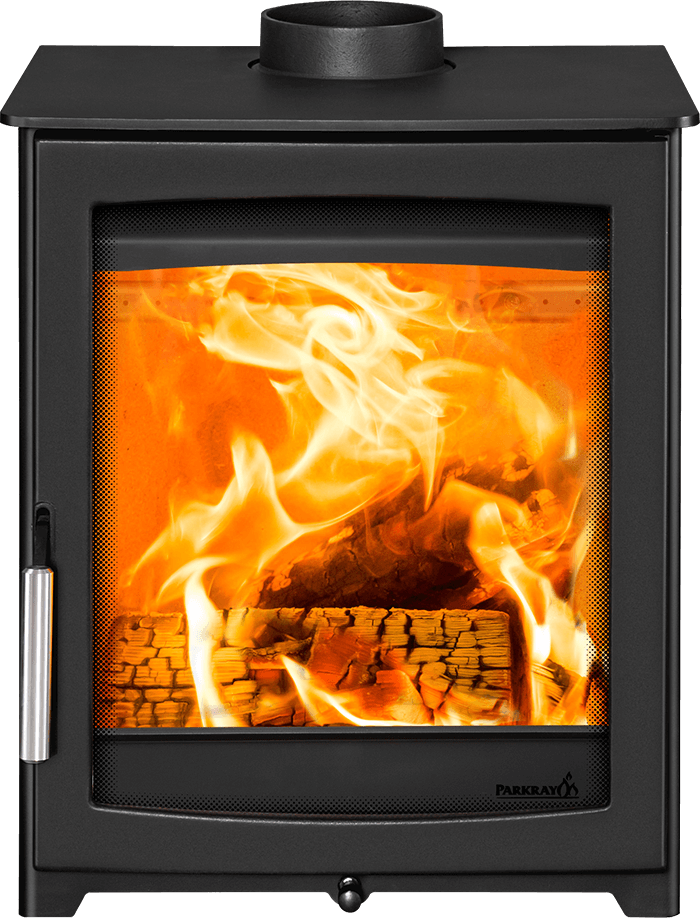 Hunter Stoves Parkray Aspect 5 Eco wood fireplace with black handle and standard legs, front view showing the cutout design.