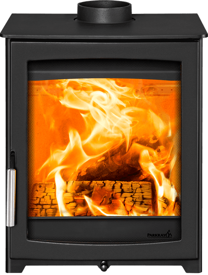 Hunter Stoves Parkray Aspect 5 Eco wood fireplace with black handle and standard legs, front view showing the cutout design.
