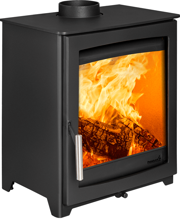 Hunter Stoves Parkray Aspect 5 Eco wood fireplace with black handle and standard legs, shown from side view.