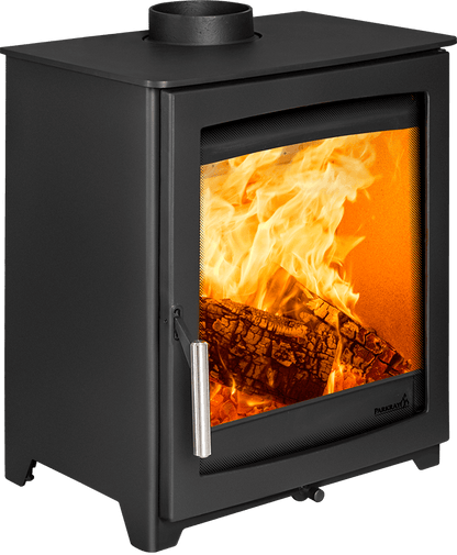Hunter Stoves Parkray Aspect 5 Eco wood fireplace with black handle and standard legs, shown from side view.