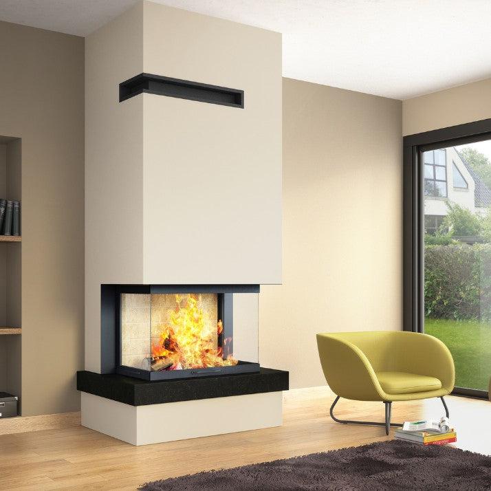 Axis H1200 3V three-sided panoramic wood fireplace with lift and swing door, designed for inbuilt installation and modern home heating.