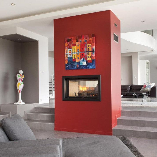 Axis H1200 DS double-sided panoramic wood fireplace with lift and swing door, showcasing inbuilt design and modern firebox features.