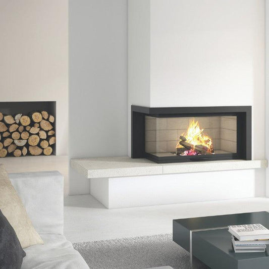 Axis H1200 VLG left corner panoramic wood fireplace with lift and swing door, inbuilt corner design for cozy fire viewing.