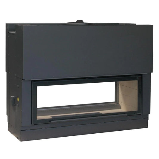 Axis H1600 XXL DS double-sided wood fireplace with panoramic view, lift and swing door, inbuilt design for stylish heating.