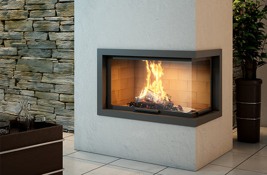 Axis H1200 VLD right corner panoramic wood fireplace with lift and swing door, featuring a modern sculpted firebox design.