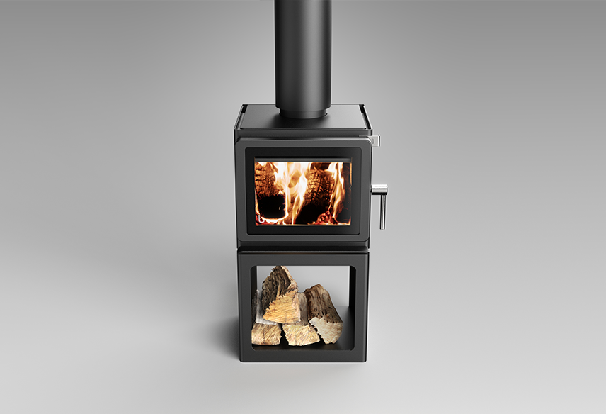 Blaze Z1 Woodstacker fireplace insert with wood storage display, featuring a sleek black finish and modern design.