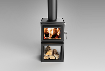 Blaze Z1 Woodstacker fireplace insert with wood storage display, featuring a sleek black finish and modern design.