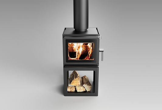 Blaze Z1 Woodstacker fireplace insert with wood storage display, featuring a sleek black finish and modern design.