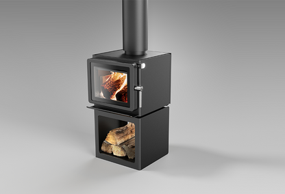 Blaze Z1 Woodstacker fireplace insert with glass door, designed for burning wood efficiently and adding a modern touch to home heating