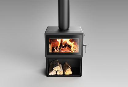 Blaze Z2 Woodstacker fireplace wood storage with black metal frame and wooden shelves for indoor use.