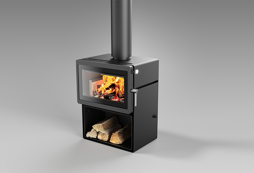 Blaze Z2 Woodstacker fireplace insert with a black metal exterior and wood storage area, designed for efficient wood burning.