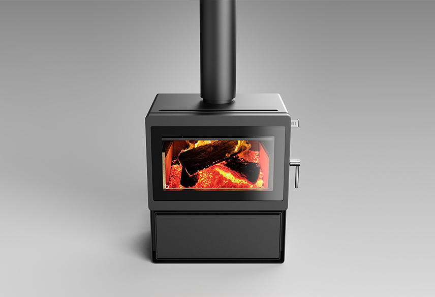 Blaze Z3 ASH wood fireplace with sleek metal design and glass front, ideal for cozy home heating and stylish decor.
