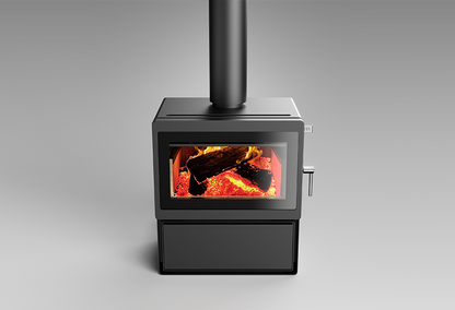 Blaze Z3 ASH wood fireplace with sleek metal design and glass front, ideal for cozy home heating and stylish decor.