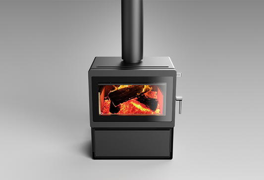 Blaze Z3 ASH wood fireplace with sleek metal design and glass front, ideal for cozy home heating and stylish decor.