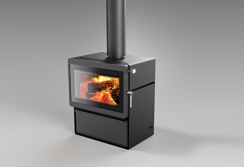 Blaze Z3 ASH wood fireplace with sleek black finish showing the front view and chimney connection for indoor heating.