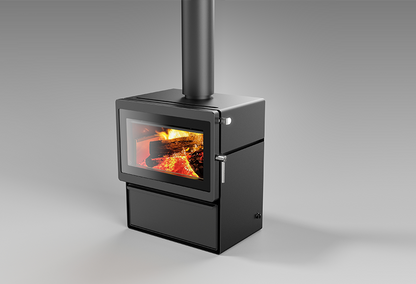 Blaze Z3 ASH wood fireplace with sleek black finish showing the front view and chimney connection for indoor heating.