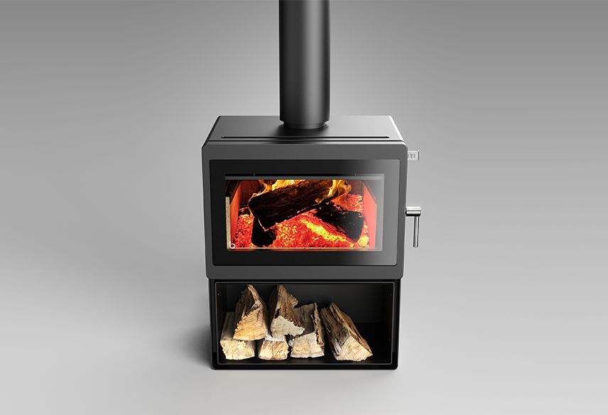 Blaze Z3 Woodstaker fireplace with a modern design, showing the firewood storage area and sleek black exterior.