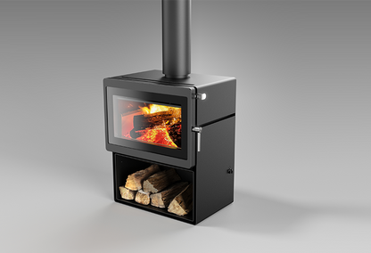 Blaze Z3 Woodstacker fireplace insert with stainless steel construction and wood storage compartment.