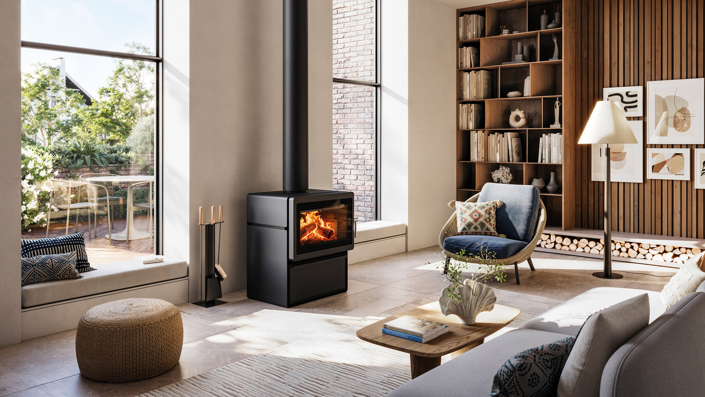 Blaze Z2 ASH wood fireplace with open front and black metal frame, designed for efficient heating and classic fireplace look.