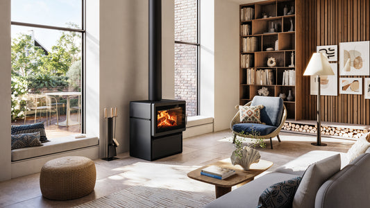 Blaze Z2 ASH wood fireplace with open front and black metal frame, designed for efficient heating and classic fireplace look.