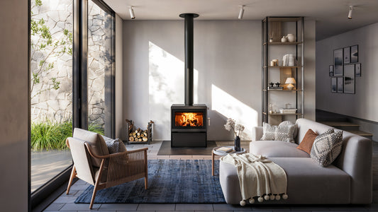 Blaze Z3 ASH wood fireplace with glass doors and black metal finish, designed for cozy indoor heating.