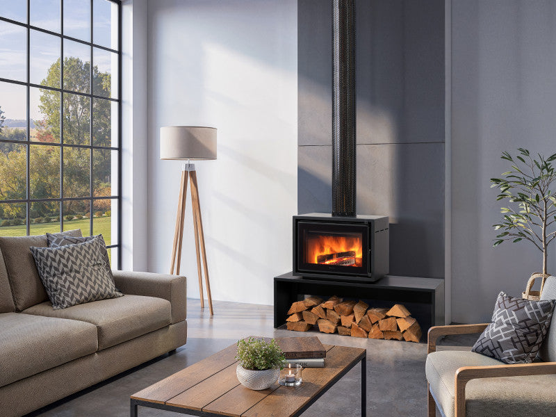 Regency Bondi F220B wood fireplace with glass doors and brick interior, showcasing the classic design and cozy warmth.