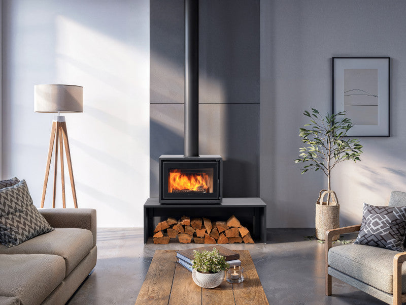 Regency Bondi F220B wood fireplace with a modern design, showing the front view with a glass door and brick interior.