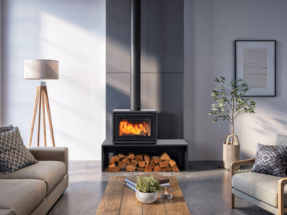 Regency Bondi F220B wood fireplace with a modern design, showing the front view with a glass door and brick interior.