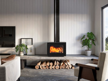 Regency Bondi F220B wood fireplace with a modern design, showing a clean, stylish interior view of the fireplace in a home setting.