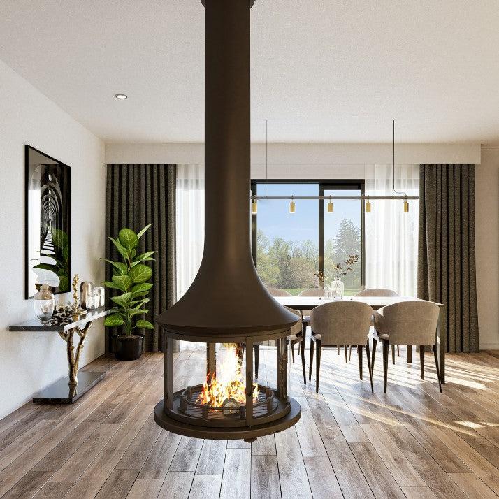 Bordelet Lea 998 Central Hanging Fireplace in grey with safety glass, designed for wood burning, modern and sleek.