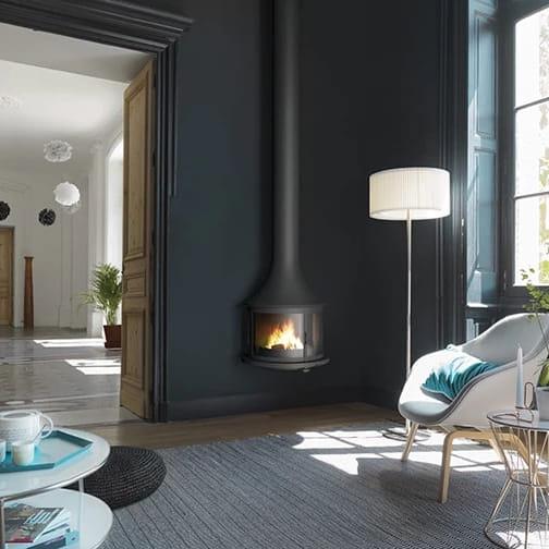 Bordelet Lea 998 black wall-mounted wood fireplace with safety glass and sleek design.