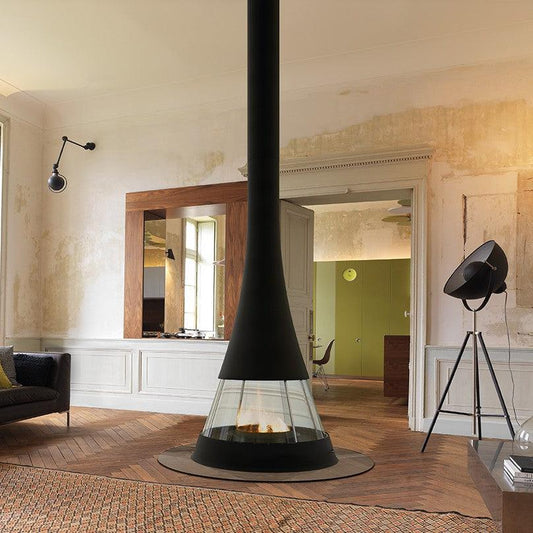 Bordelet Linea 914 Central wood fireplace in intense black with a sleek, modern design for heating and ambiance.