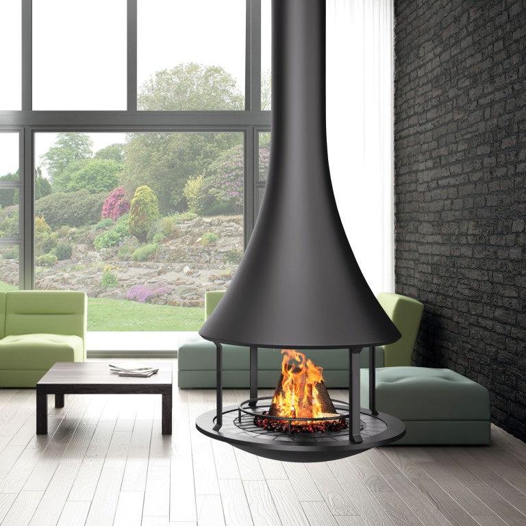 Black brick Bordelet Zelia 908 central hanging wood fireplace with modern design and sleek finish.