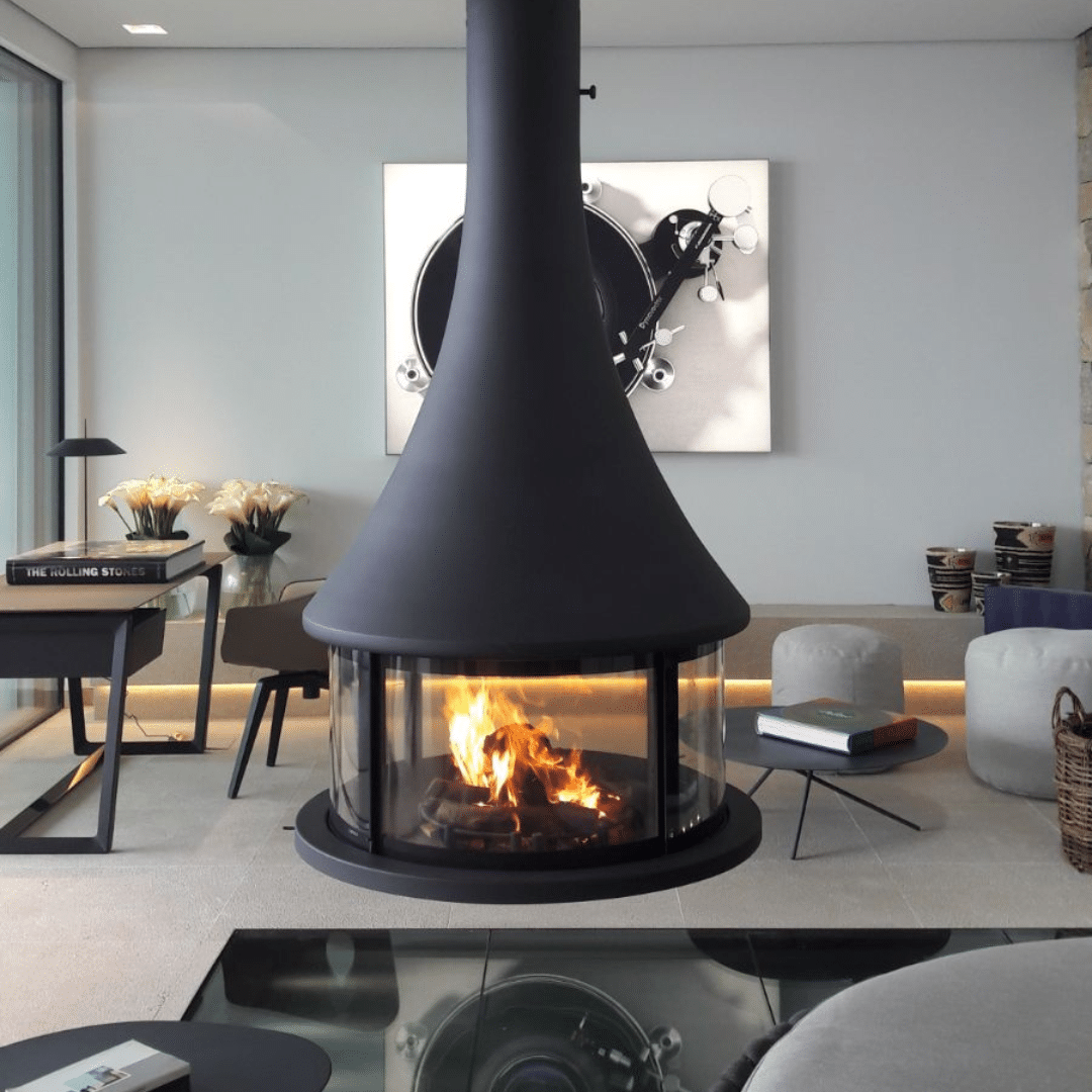 Black metal Bordelet Zelia 908 central hanging wood fireplace with modern design, shown mounted on a wall.