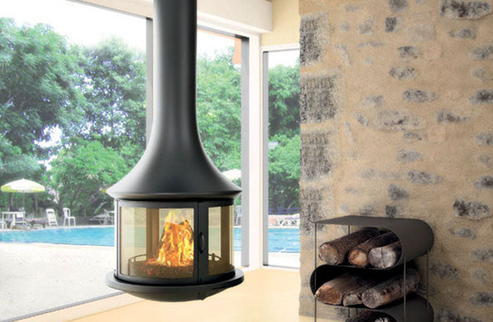 Grey Bordelet Lea 998 Central hanging wood fireplace with sculpted design, suspended from the ceiling.