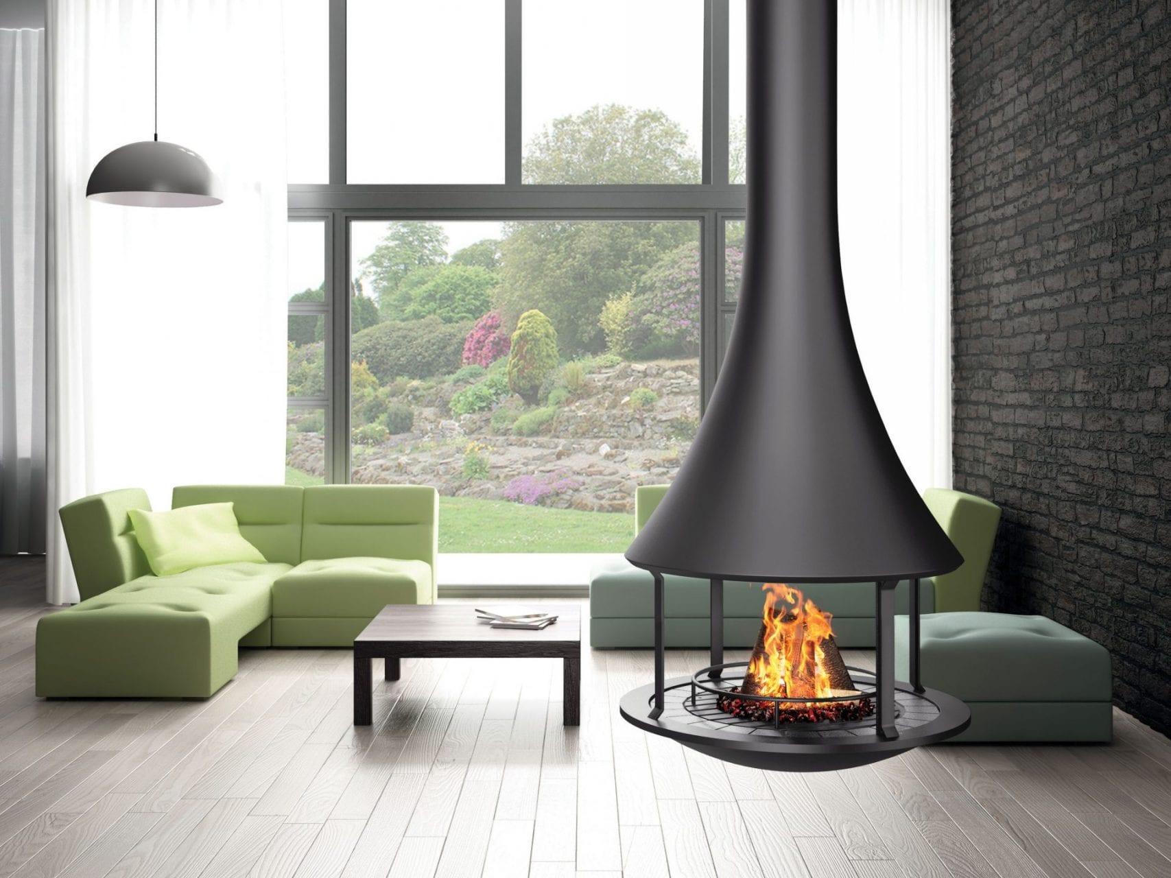 Bordelet Zelia 908 grey hanging wood fireplace with sleek, modern design and central position, designed for stylish home heating.