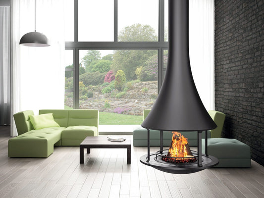 Bordelet Zelia 908 grey hanging wood fireplace with sleek, modern design and central position, designed for stylish home heating.