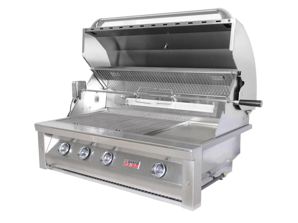 Grandfire Deluxe 42 Flame Failure in-built bbq head with Sear Burner SS Grill hotplate briquette Burner Cover double mounted halogen Lights LED System back burner Rotis Kit