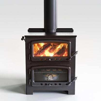 Nectre BIG Bakers Oven wood fireplace showing a large brick oven with a fire burning inside and a traditional design.