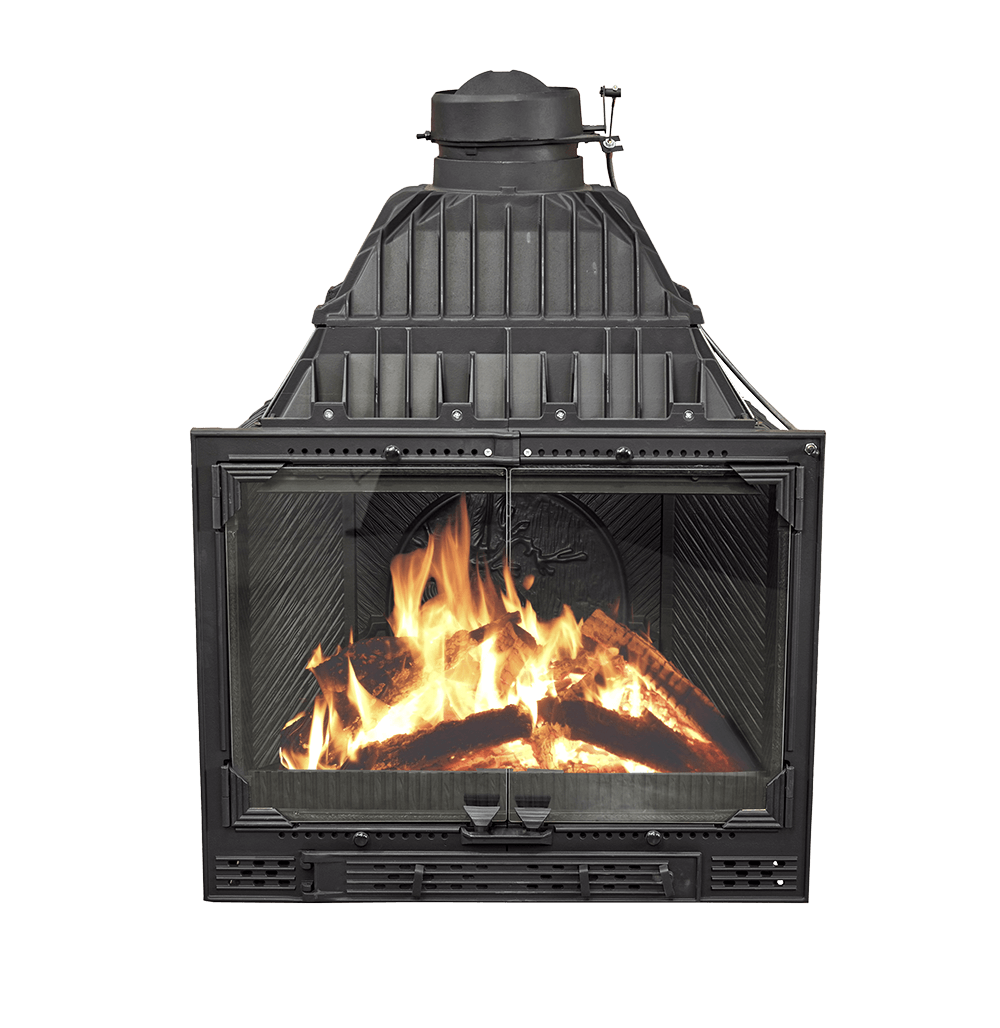 Cheminees Philippe 1000 Swing Doors wood fireplace with a sleek design, suitable for heating up to 400 sqm.