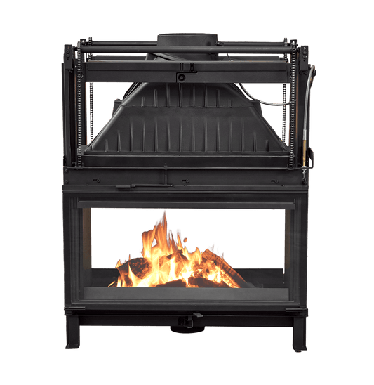 Cheminees Philippe 1001DF wood fireplace with dual opening door, designed to heat up to 280 sqm.