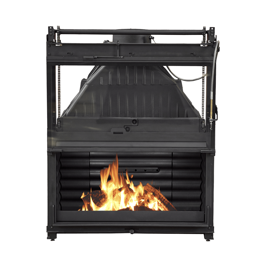 Cheminees Philippe 1001E wood fireplace with dual opening door, primary air spigot, ideal for tightly sealed homes, heats up to 280 sqm